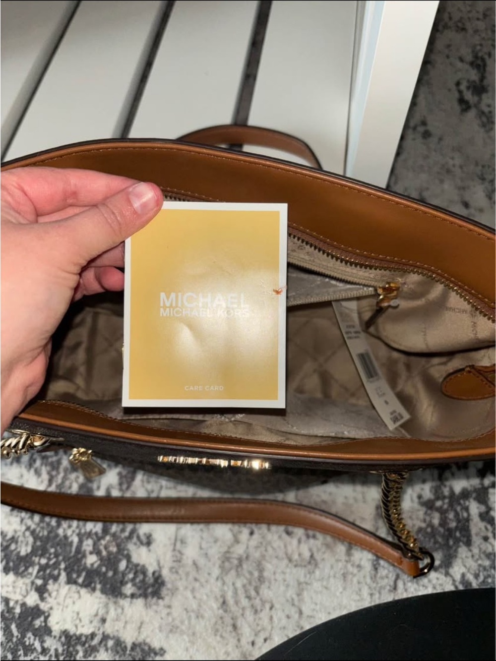 Michael Kors Brown MK Logo Tote with Gold Chain Handles - Picture 4 of 5